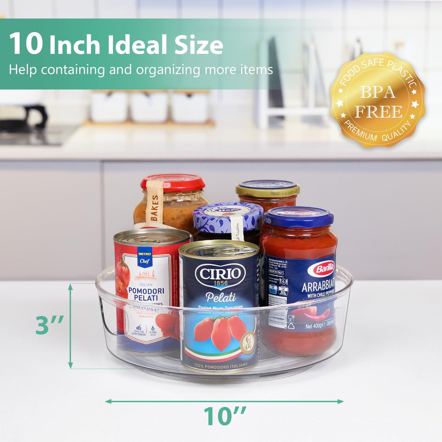 4 Pack Lazy Susan Organizer for Cabinet, Upgraded 11.5" Clear Turntable Organizer with Handles and Raised Edge, Rotating Lazy Susan Spice Storage for Kitchen, Pantry, Refrigerator, Bathroom, Table