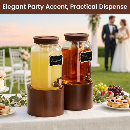 1 Gallon Glass Drink Dispenser for Parties, Beverage Dispenser with Wooden Stand, Silicone Lid and Stainless Steel Spigot, Ideal for Lemonade, Juice, Sun Tea, and Party Drinks