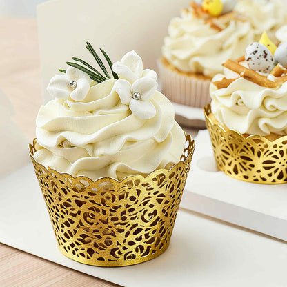 HARFINGTON 50 Pcs Lace Cupcake Liners Standard Vine Designed Hollow Out Cupcake Wraps Artistic Bake Cake Paper Cups for Anniversary Birthday Weddings Parties, Light Yellow
