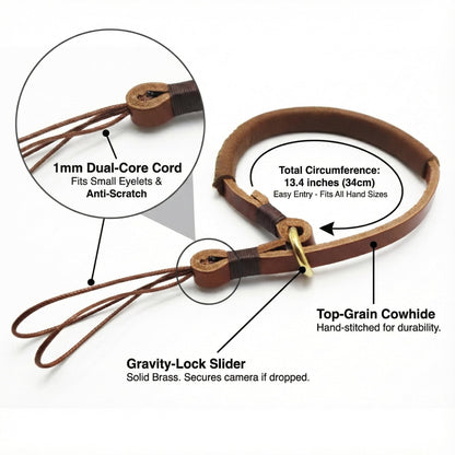 SNLxStudioz Leather Camera Wrist Strap - Handmade Top-Grain Hand Strap for Ricoh GR III/IIIx, Fuji X100VI/V, Sony RX100 VII - Thin Vintage Film Camera Cuff for Street Photography