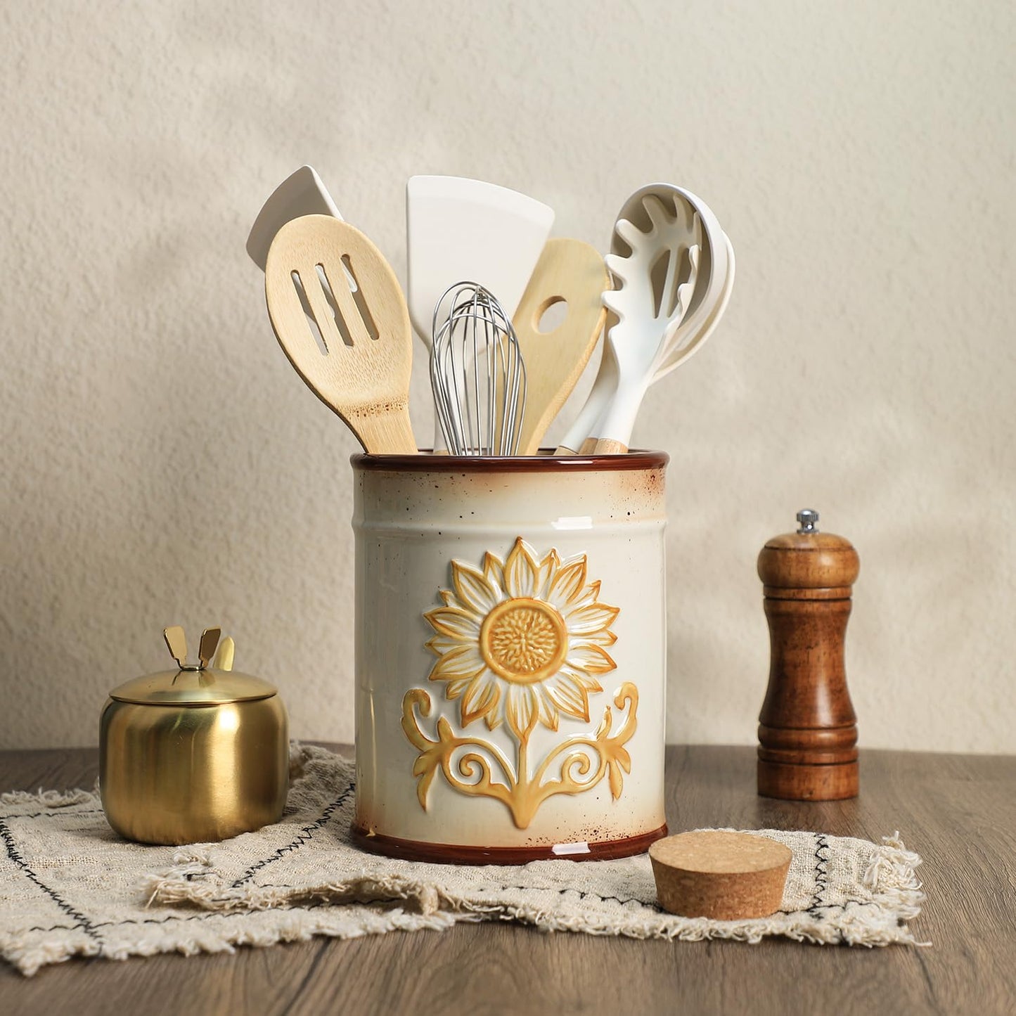SOCOSY Ceramic Retro Sunflower Embossed Kitchen Utensil Holder, Large Cooking Utensil Crocks for Kitchen Countertop, Utensil Organizer