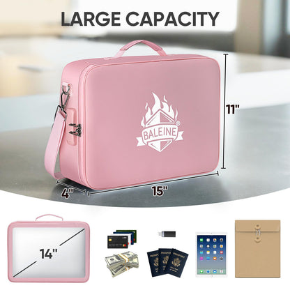 BALEINE Fireproof Document Box with Lock, Portable Fireproof Document Bag Waterproof Fire Proof File Boxes for Documents, File Organizer Box for Important Paperwork (Pink, 15''x11''x4'')