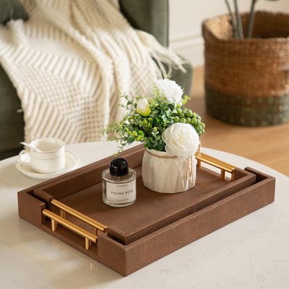 UPPER DECOR Set of 2 Decorative Tray Brown Shagreen Leather Tray, Modern Rectangle Serving Trays with Gold Polished Metal Handles, Ottoman Coffee Table Perfume Kitchen Trays Home Decor