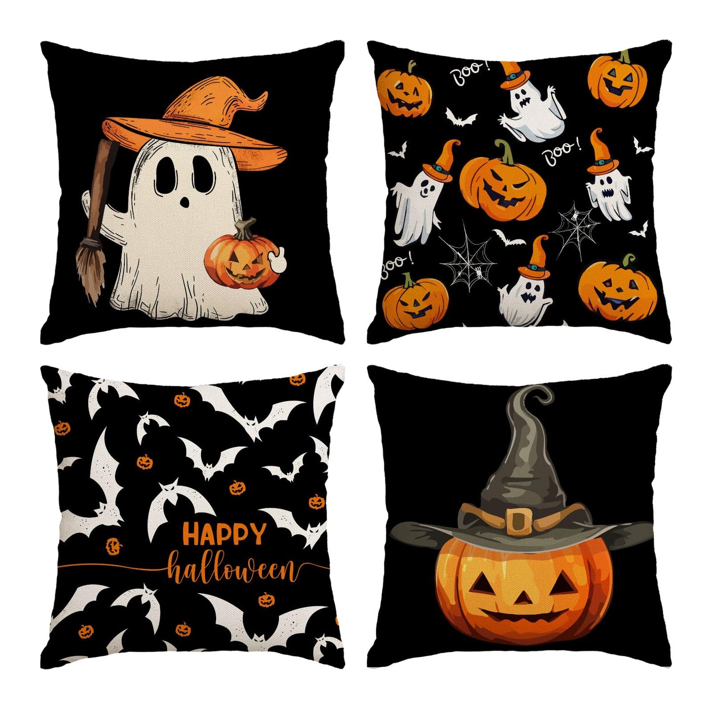 Halloween Pillow Covers 16x16 Set of 4 Ghost Pumpkin Decorative Throw Pillows Cover Black Spider Webs Pillow Cases Home Outdoor Sofa Couch Cushion Covers for Halloween Decorations (16 by 16)