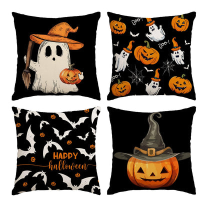 Halloween Pillow Covers 16x16 Set of 4 Ghost Pumpkin Decorative Throw Pillows Cover Black Spider Webs Pillow Cases Home Outdoor Sofa Couch Cushion Covers for Halloween Decorations (16 by 16)