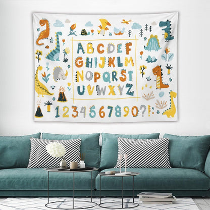 DDCBNS Cartoon ABC Alphabet Tapestry for Kids Boys Girls,Cute Dino Funny Animal Print Educational Tapestry Wall Hanging Home Décor for Study Bedroom Living Room Nursery 80" x 60"