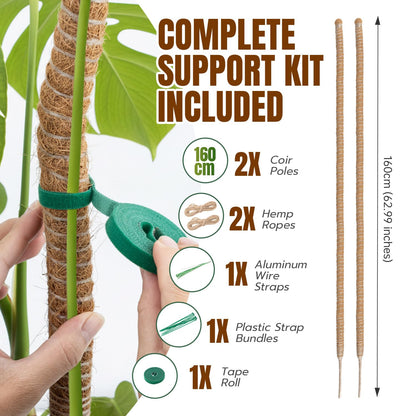 Mcbazel 2 Pack 63 Inch Bendable Moss Pole for Plants Monstera - Extra Tall 5.2ft Coco Coir Plant Support Stakes for Large Indoor Climbing Vines - Flexible Totem Stick Kit with Rope, Wire & Ties