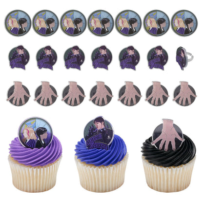 DecoPac Wednesday Outcasts Are In Cupcakes Rings, Nevermore Academy Cupcake Decorations, Food Safe Cupcake Toppers – 24 Pack