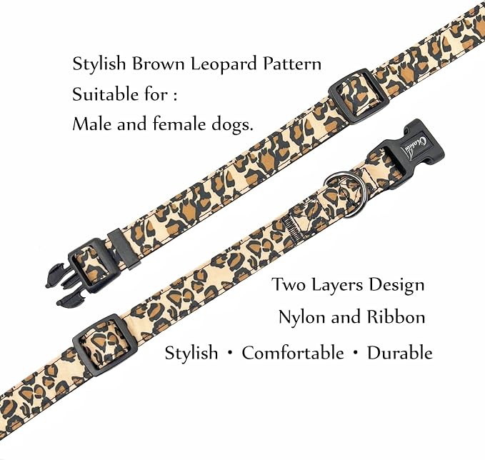 Dog Collar Leash Set, Leopard Pattern, Nylon Webbing Plus Cotton Ribbon, 5ft Matching Leash, for Medium Dogs.(M, Brown Leopard)
