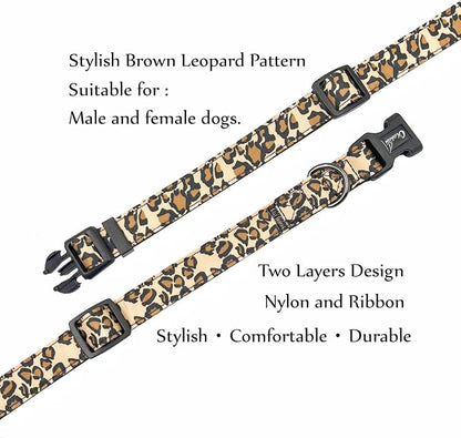 Dog Collar Leash Set, Leopard Pattern, Nylon Webbing Plus Cotton Ribbon, 5ft Matching Leash, for Small Dogs.(S, Brown Leopard)
