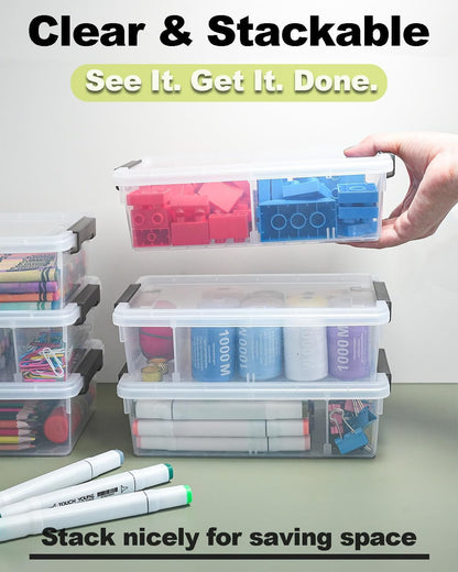 GEOPHIA 12 Pack Extra Large Pencil Box with Removable Divider, Thickened Pencil Case Bulk, Clear Crayon Marker Organizer Stackable Plastic Small Storage Containers for Pen Craft School Supplies, Multi