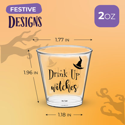 Drink Up Witches (Both Sides) Halloween Shot Glasses Disposable Set of 100, 2oz Each, Plastic Jello Halloween Shot Cups for Spooky Party Drinkware - Ideal Horror Glasses For Drinking Decorations
