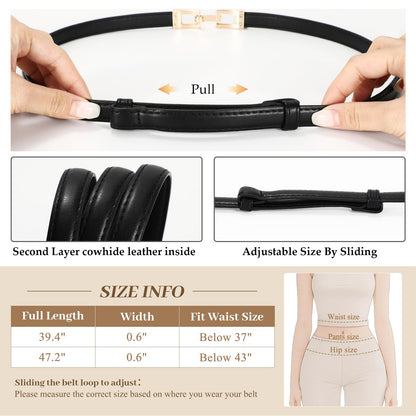 WERFORU 2 Pack Women Skinny Belt Thin Waist Belt for Pants Leather Belt with Gold Buckle for Jeans Dress,0.6" width,black+brown