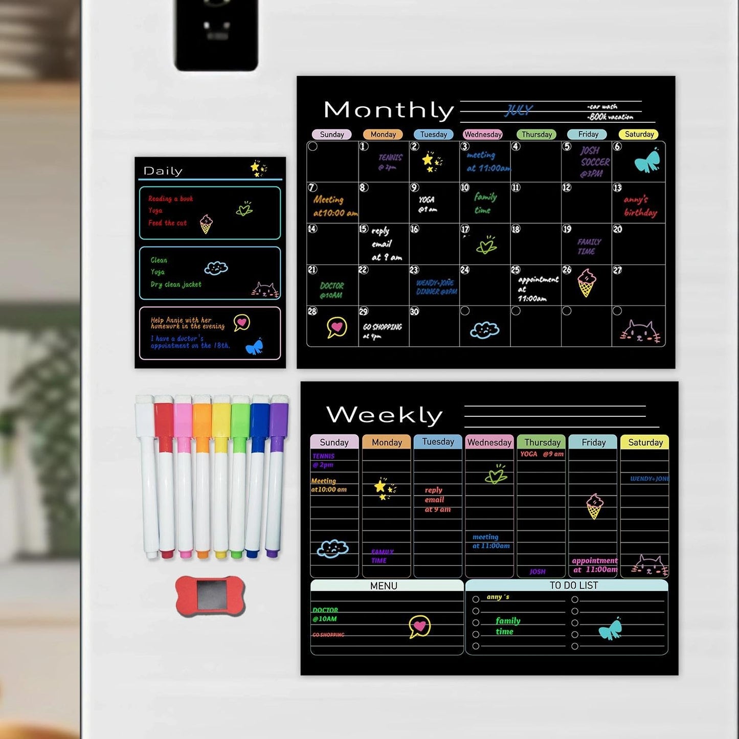 Hivillexun Black Magnetic Dry Erase Calendar for Fridge - 3 Pack Monthly, Weekly & Daily Planner Set (14"x11"), Includes 8 Neon Ultra-Fine Tip Markers & Large Eraser, Reusable Whiteboard for Kitchen