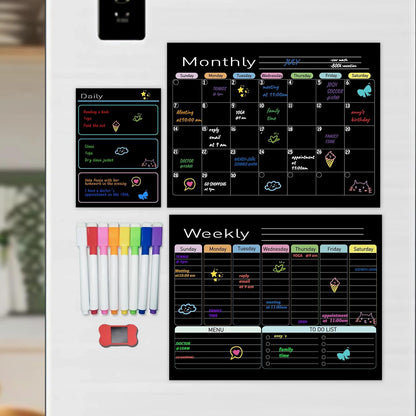 Hivillexun Black Magnetic Dry Erase Calendar for Fridge - 3 Pack Monthly, Weekly & Daily Planner Set (14"x11"), Includes 8 Neon Ultra-Fine Tip Markers & Large Eraser, Reusable Whiteboard for Kitchen