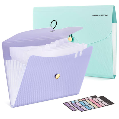 JARLINK 7 Pockets Expanding File Folder, A4 Accordion File Folders with 12 Labels, Cute Paper Organizer, Portable Document Organizer for College School Office Supplies, Macaron Blue & Macaron Pupple