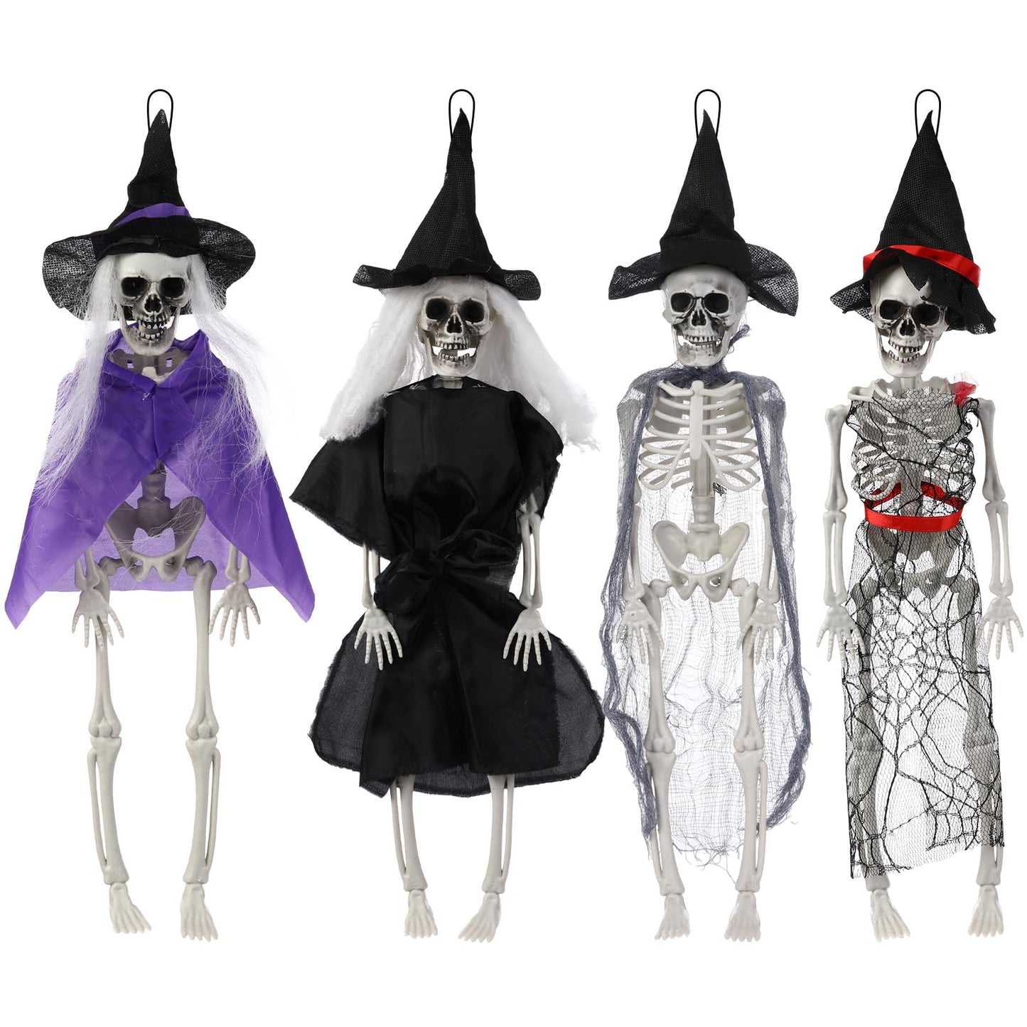 Poen 4 Pack 16" Halloween Hanging Skeleton Decorations Small Full Body Posable Skeletons with Movable Joints Plastic Mini Spooky Decor for Halloween Party Haunted House Lawn Graveyard Props (Witch)