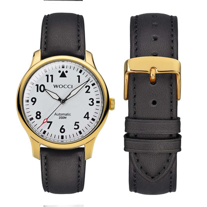 WOCCI 23mm Vintage Leather Watch Band for Men and Women, Gold Buckle (Black)