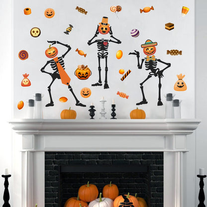Halloween Skull Wall Decal Halloween Wall Stickers Skeleton Ghosts Pumpkin Candy Wall Decals Gothic Funny Halloween Window Clings Peel and Stick for Kids Bedroom Living Room Window Halloween Party Decor