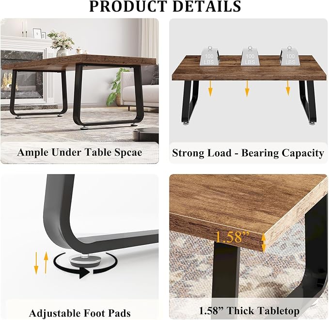 HSH Wooden Coffee Table, Industrial Rectangle Center Table, Modern Minimalist Coffee Table for Living Room, Farmhouse Wood and Metal Cocktail Tea Table for Bedroom Home Office, Rustic Brown, 47 in