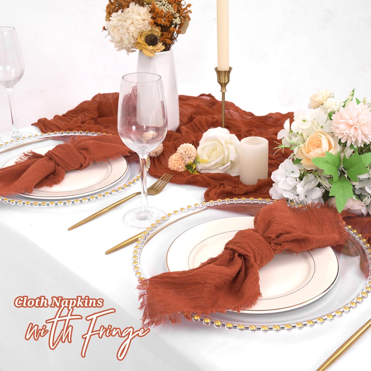 12 Pack Terracotta Cloth Napkins Cotton Linen Napkins with Fringe 16 x 16 Inch Soft Handmade Napkins Cloths Delicate Washable Rustic Dinner Napkin Cloths for Wedding Party Dinner Table Decor
