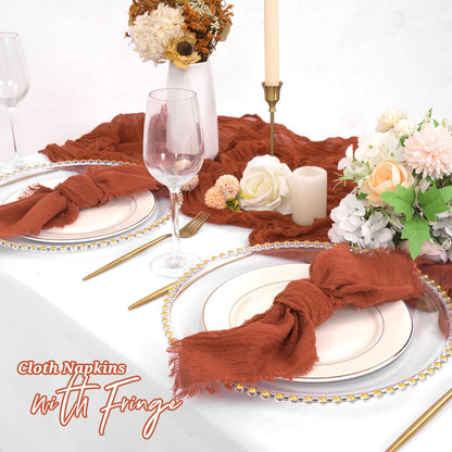 12 Pack Terracotta Cloth Napkins Cotton Linen Napkins with Fringe 16 x 16 Inch Soft Handmade Napkins Cloths Delicate Washable Rustic Dinner Napkin Cloths for Wedding Party Dinner Table Decor