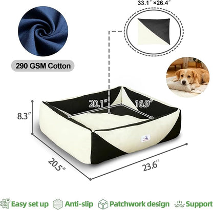 Cotton Canvas Dog Bed, Cute Dog Beds for Small Dogs, Puppy Bed with Washable Removable Cover, Durable 290 GSM Cotton Anti-Chewing Pet Bed with Anti-Slip Bottom (24"x20"x8", Black&White)