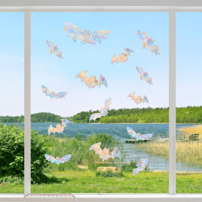 Shawula 15PCS Bat Window Clings - Anti-Collision Decals to Save Birds from Collisions,Non Adhesive Prismatic Vinyl Clings, Rainbow Stickers