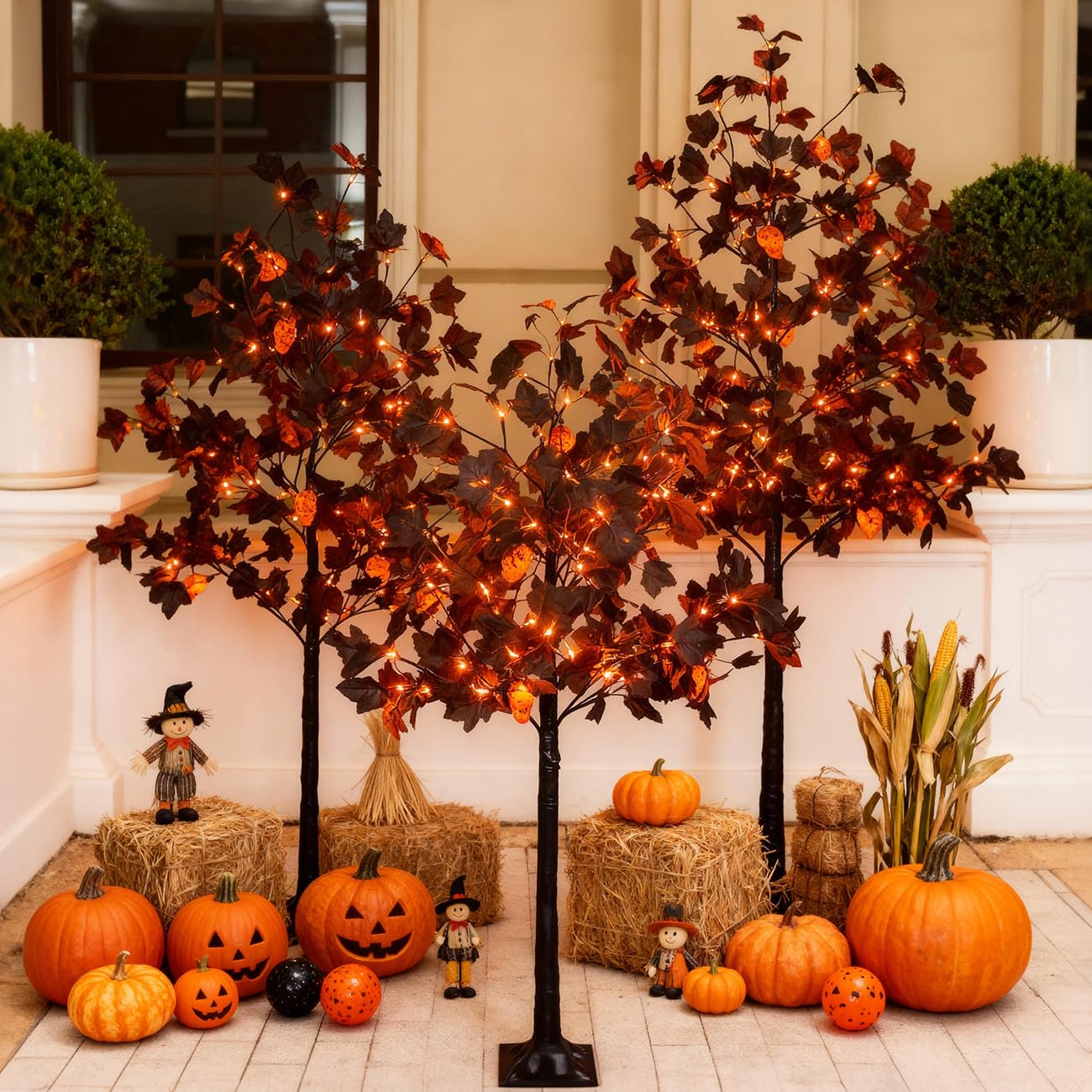 TYBEEU Halloween Decor Set – 4ft, 5ft & 6ft Black Maple Trees with 384 LED Lights, 24 Skull Lights & Spiders, Dimmable Timer, 16ft Cord, Indoor & Outdoor Decoration