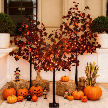 TYBEEU Halloween Decor Set – 4ft, 5ft & 6ft Black Maple Trees with 384 LED Lights, 24 Skull Lights & Spiders, Dimmable Timer, 16ft Cord, Indoor & Outdoor Decoration