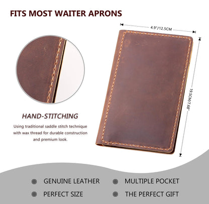 Server Book Organizer with Zipper Pocket, Genuine Leather Restaurant Guest Check Presenters Card Holder for Waitress, Waiter Accessories Fit Server Apron - Brown
