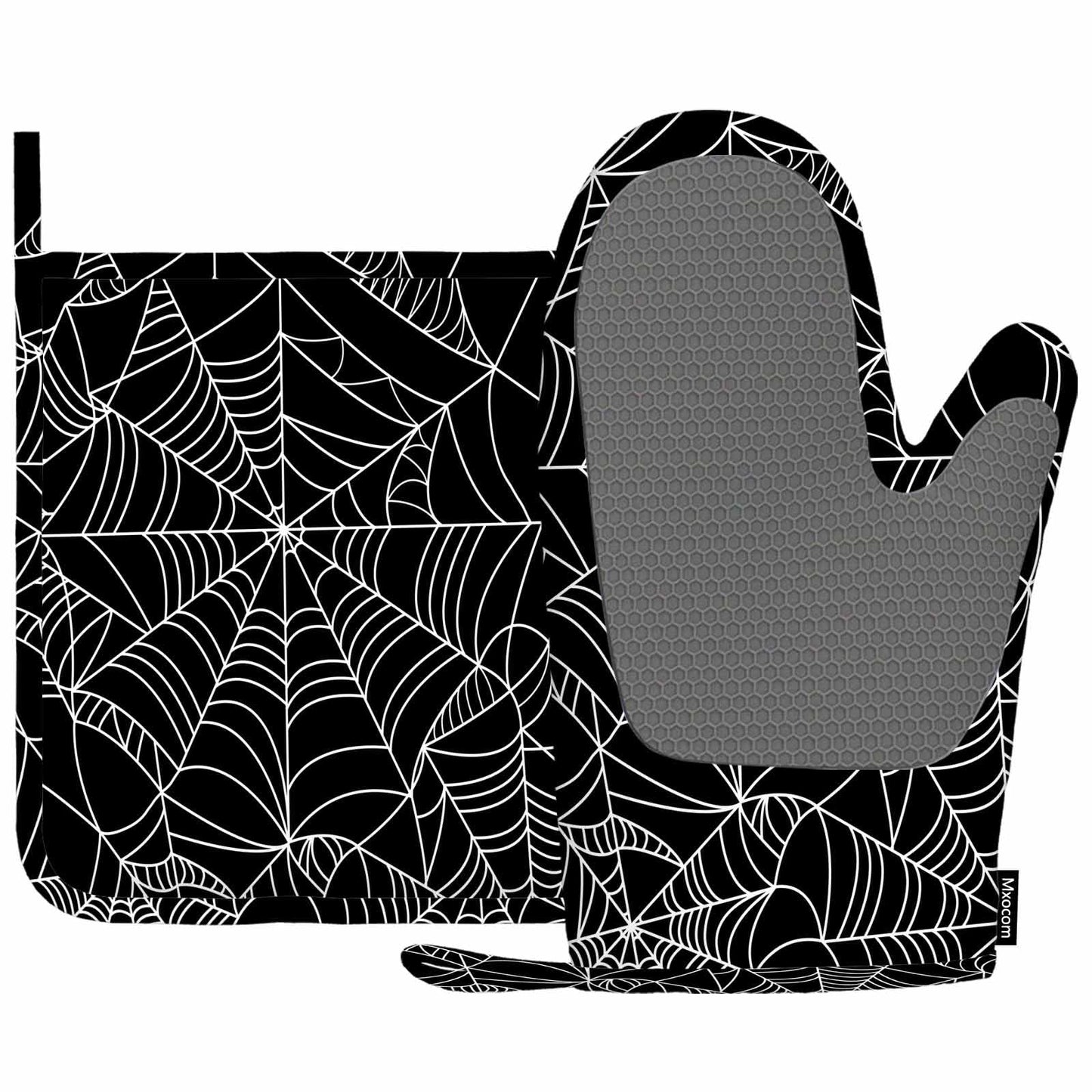 Mxocom Black and White Halloween Spider Web Oven Mitts and Pot Holders Sets Silicone Heat Resistant Kitchen Oven Gloves Pot Holder for Cooking