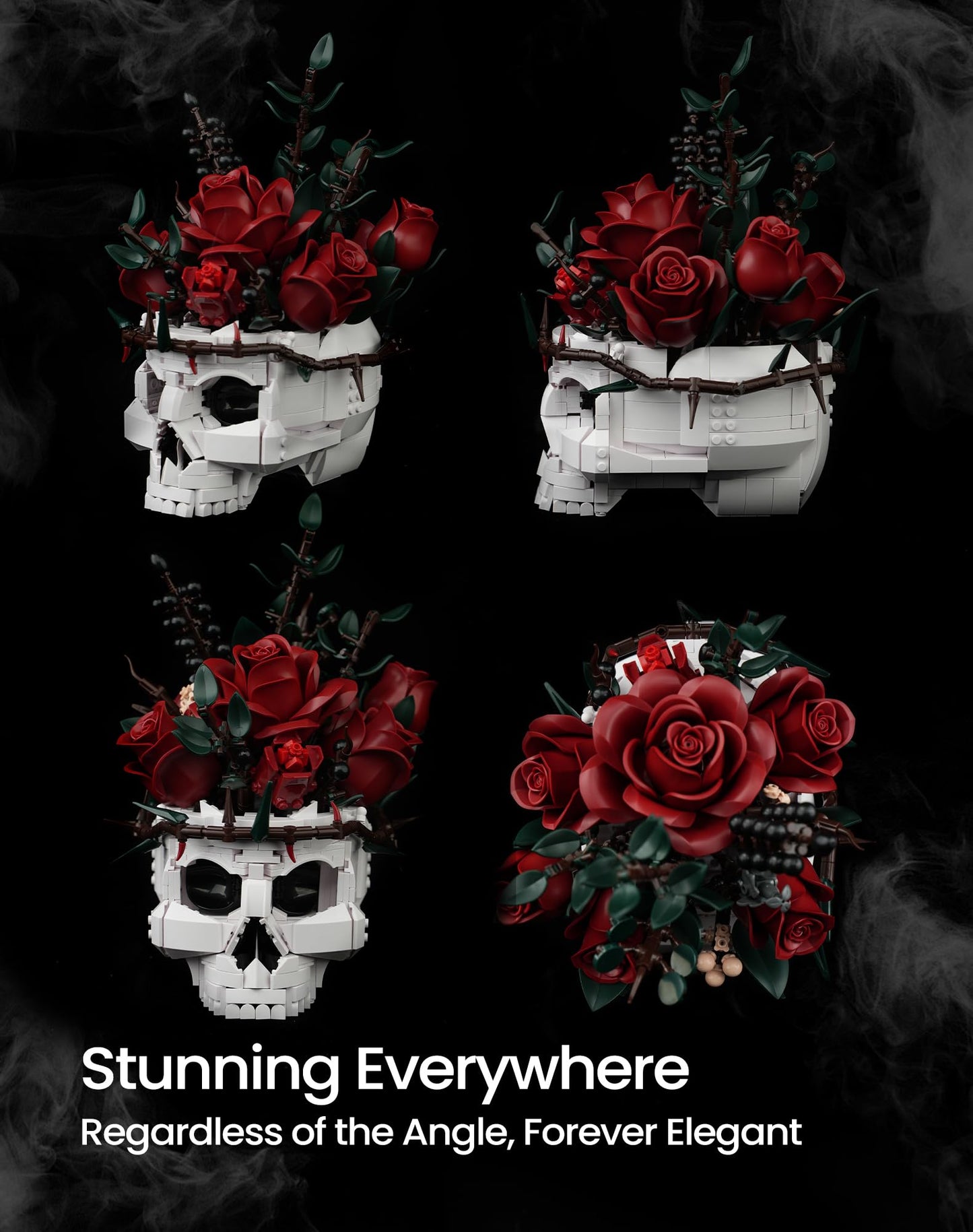 iATOM Skull Roses Flower Bouquet Building Set, Botanical Collection Kit for Adult Women, Birthday Gifts for Mothers Day for Her/Girlfriend/Mom/Wife/Couple, Goth Horror Skeleton Pot Home Table Decor