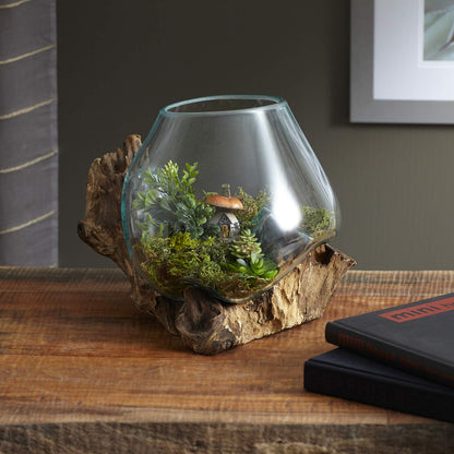 Cohasset Molten Glass | #650-24 | Molten Glass & Wood Luminary Sculpture | Terrarium | Fairy Garden | Approximately 9.5" Wide | Natural Wood and Recycled Glass |