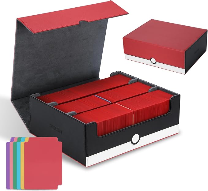tombert Card Storage Box - 1800+ Capacity Case with 6 Dividers & Secure Magnetic Seal for TCG, MTG, YuGiOh, Sport Cards (3 Rows-White & Red)