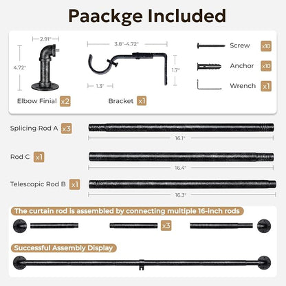 Zeerobee Curtain Rods for Windows 48 to 84, 1 Inch Industrial Wrap Around Vintage Black Curtain Rod, Indoor/Outdoor Room Divider Adjustable Drapery Pole, 48"-86"