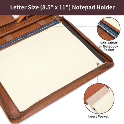 Geslun Genuine Leather Portfolio with Hidden Handle, Zippered Front Pocket, Business Padfolio for Men and Women, 8.5 x 11 Legal Pad Notebook Holder, Office Letter Notepad Folio, Oil Tanned