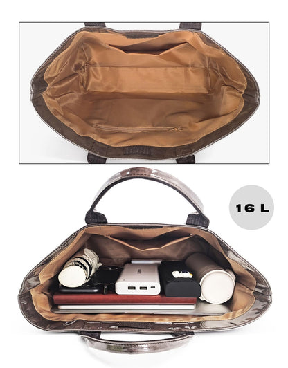 LuxMall PVC Tote Bag for Women Large Tote Purse Kraft Paper The Letters Print Bag Hobo Handbag with Top Handle for Work Travel Shopping Beach, Khaki Brown