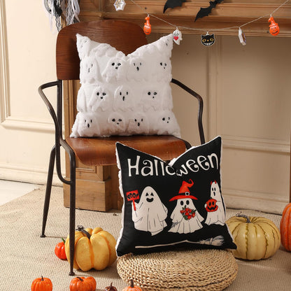 TOYPOPOR Halloween Decorations, 2 Packs Double Sided Ghost Pillow Covers, Soft Faux Fur Throw Pillow Cases, Indoor Outdoor Couch Cushion Case for Fall Autumn Bedroom Living Room Home Decor 18''x18''