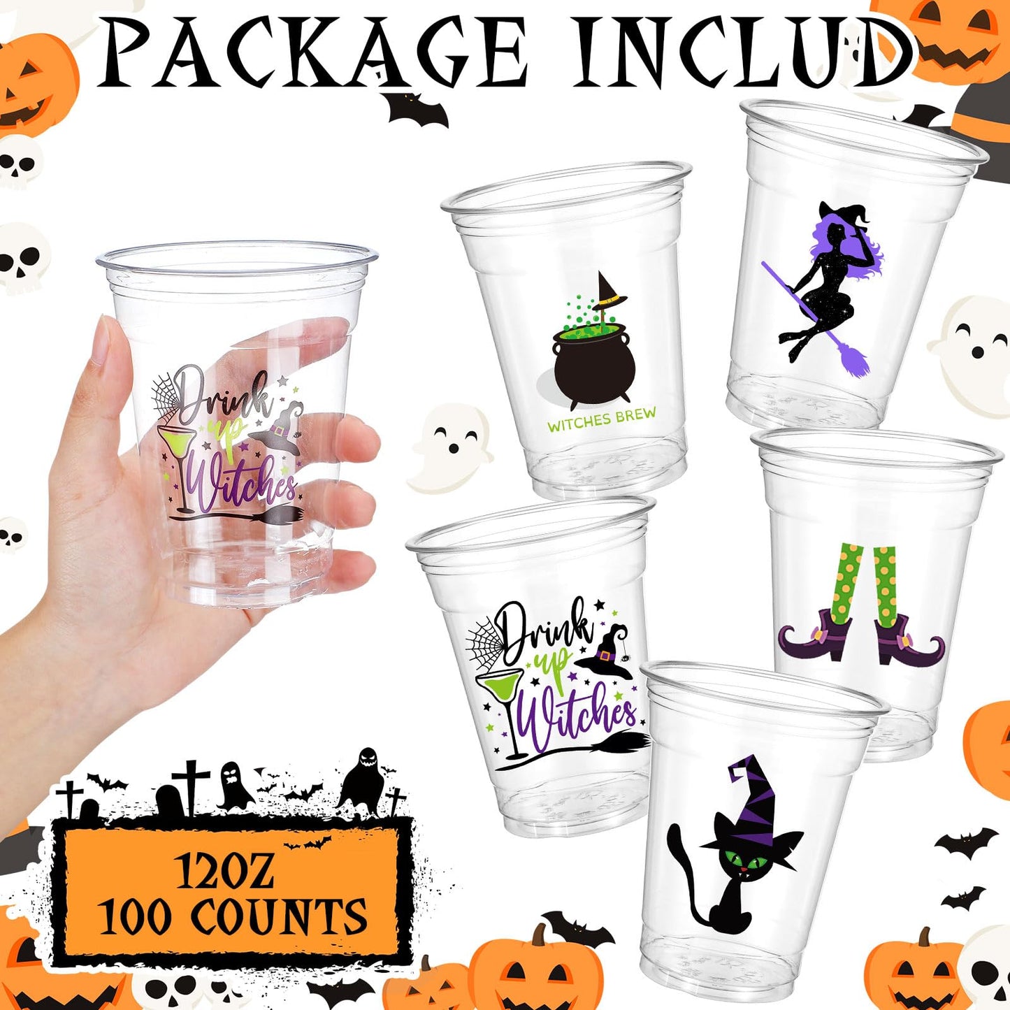 Bokon 100 Sets 12 oz Halloween Cups Witch Theme Clear Plastic Disposable Cups with Lids and Paper Straws Halloween Party Supplies for Party Coffee Beer Beverage Ice Cream Snack Candy