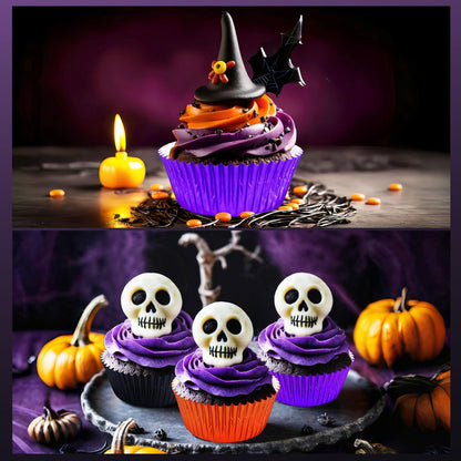 SANNIX 450Pcs Halloween Foil Cupcake Liners Muffin Liners Baking Cups Foil Metallic Cupcake Wrappers for Halloween Party Supplies Standard Size (Black, Purple, Orange)