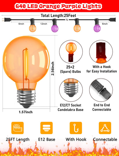 Abeja Halloween G40 LED String Light, Orange Purple Halloween Lights Outdoor with 27 LED Shatterproof Clear Lights Bulbs(2 Spare) for Patio Balcony Backyard Pergola Decor