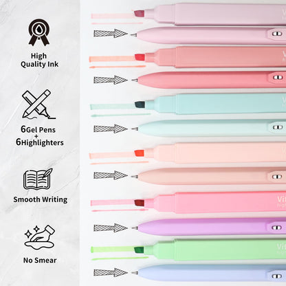 Piochoo Highlighters and Gel Pens,6Pcs Pastel Colors Bible Highlighters and 6Pcs Black Ink Pens for Journaling Planner Notes School Supplies