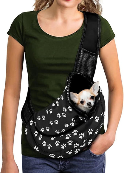 FUSURIRE Black White Puppy Paws Sling Bag Carrier for Pets Cats Dogs Cute Front Pocket Travel Safe Breathable Mesh Pet Carrier with Adjustable Strap and Plug Hook Design