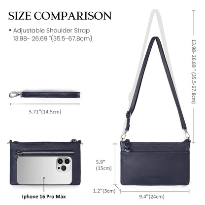 befen Leather Wristlet Wallets for Women, RFID Blocking Small Crossbody Bags, Women Leather Purses Handbags Shoulder Bag Trendy Clutch Purse with Adjustable Shoulder Strap and Wrist Strap, Navy Blue