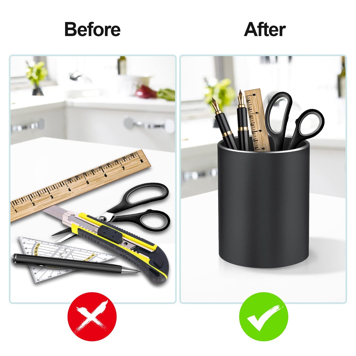Dopaka Pen Holder Pencil Holder for Desk, Metal desk pen holder, Makeup Brush Holder, pencil cup, pen organizer for desk, for Office, School, Home, and Kids 3.9×3.14inch (Black)