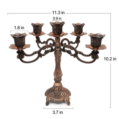 Dorlotou Metal Candelabra 5-Candle 10.1 Inch Tall Candle Holder Stick for Home Wedding Event and Party Festival,Red Bronze
