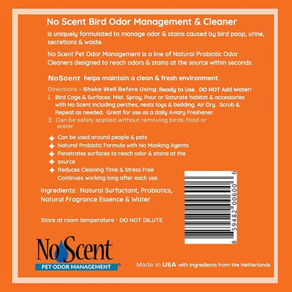 No Scent Bird Cage Cleaner Spray & Pet Odor Management, Natural Aviary Freshener (8 Fl Oz / 237 mL)