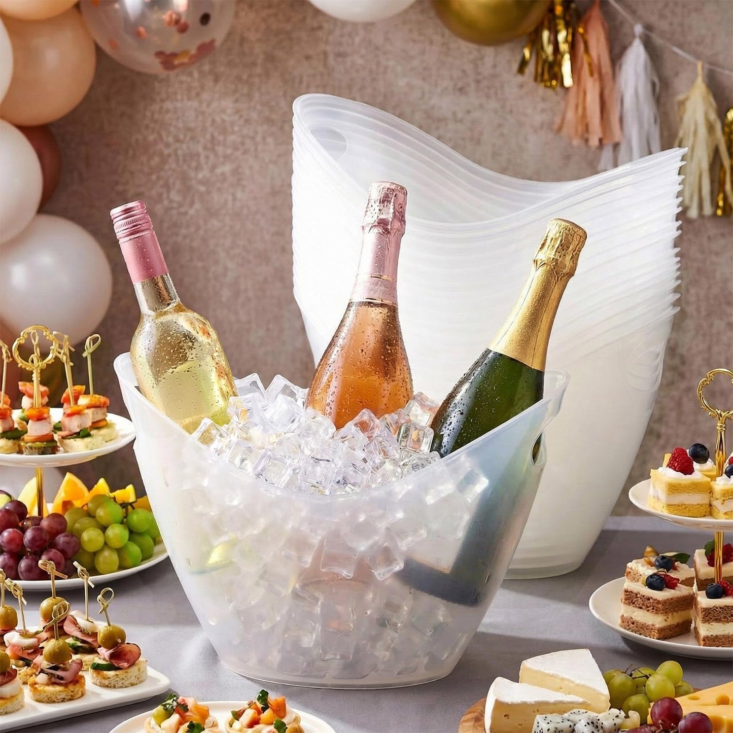 meekoo 24 Pcs 4 L Ice Bucket for Parties, Plastic Oval Storage Tub with Handle for Wine, Beer, Ice Drink Bucket for Wine, Champagne, Beer, Cocktail, Beverage Tub for Wedding, Bar, Picnic, Pool(Clear)