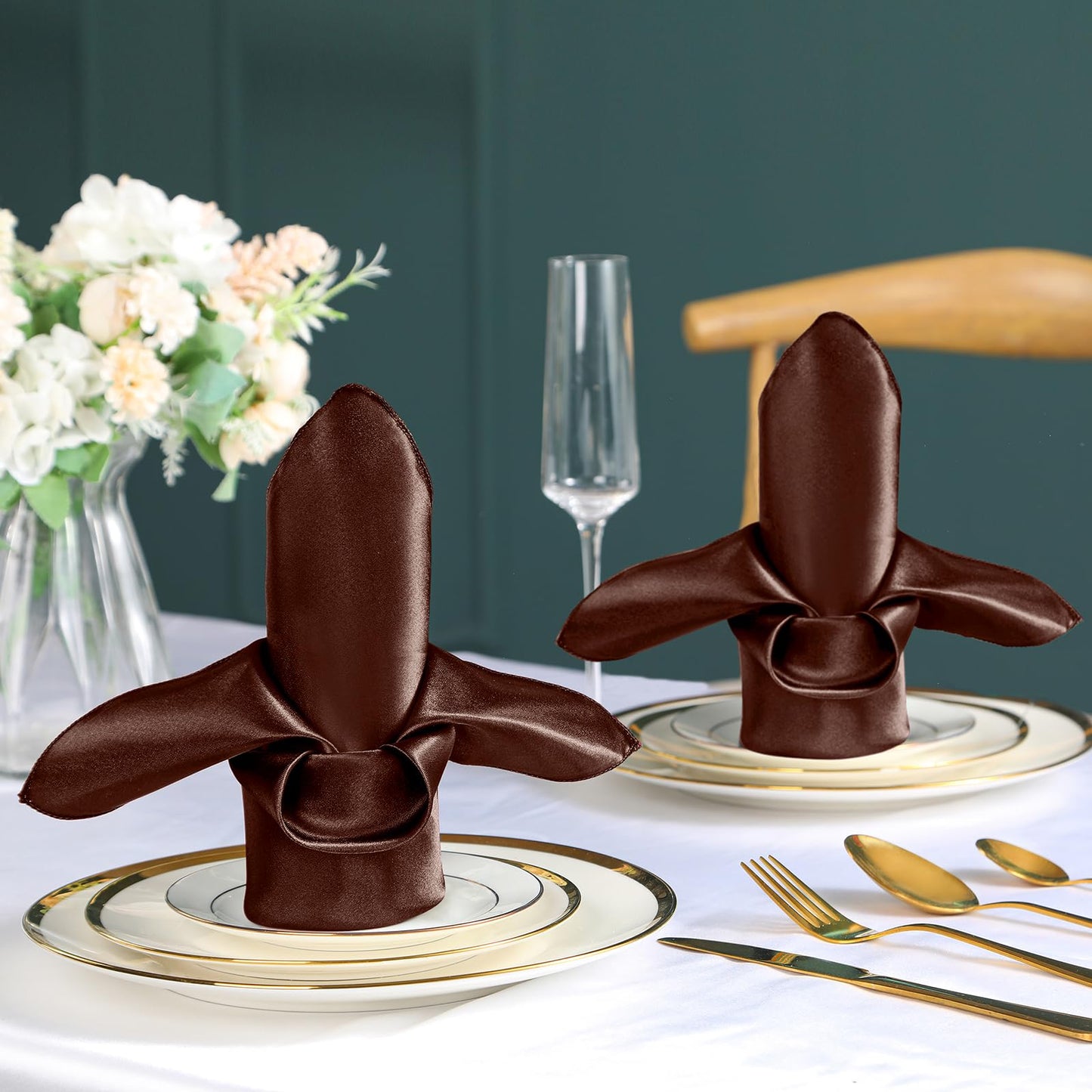VACVELT 50 Pack Chocolate Brown Satin Napkins 20x20 Inch Wedding Decorative Dinner Square Table Napkins for Restaurant Graduation Party